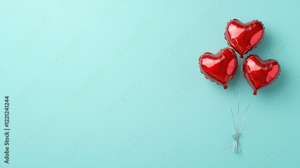 Red heart shaped balloons floating on turquoise background with copy space Red heart shaped balloons floating on turquoise background with copy space
