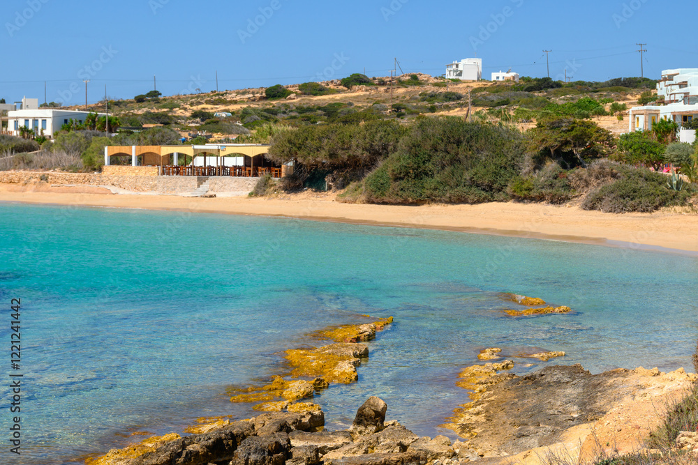 Finikas beach with very fine sand and clear water. Ano Koufonisi island. Small Cyclades, Greece