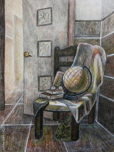 Forgotten routes.A cozy corner with a chair draped in fabric, a globe and a stack of books. Soft light enters through the open door, creating a warm and nostalgic atmosphere.