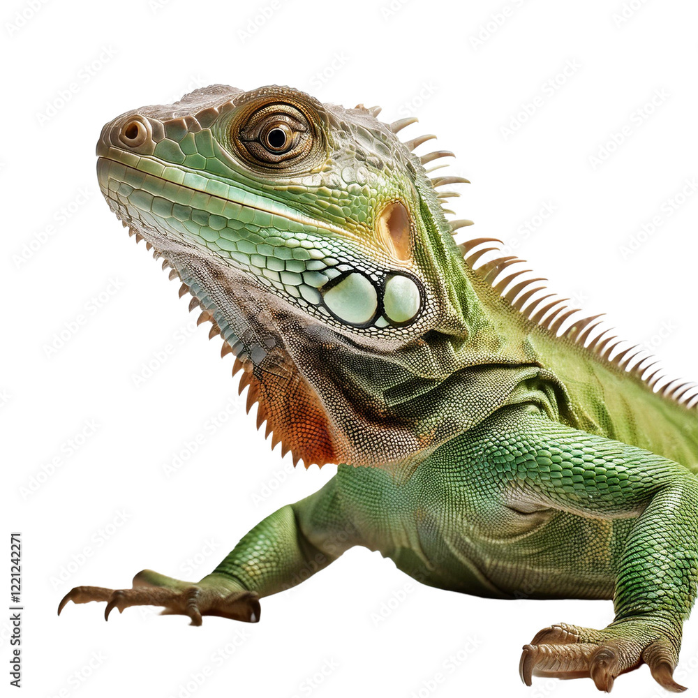 Fototapeta premium Green iguana lizard on transparent background 