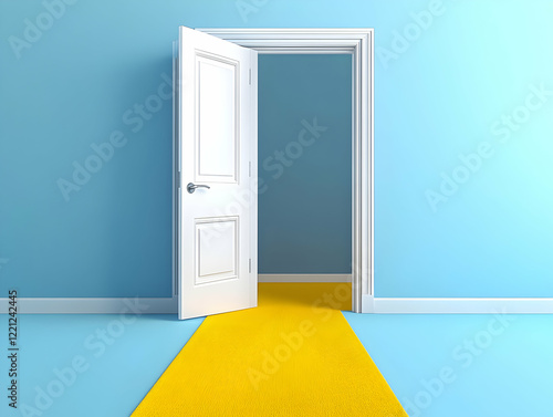 3D illustration of an open door with a yellow carpet leading to it on a blue background 