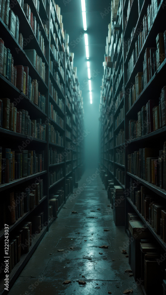 A dark library filled with books, representing knowledge and environmental conservation. A dark library filled with books, representing knowledge and environmental conservation.