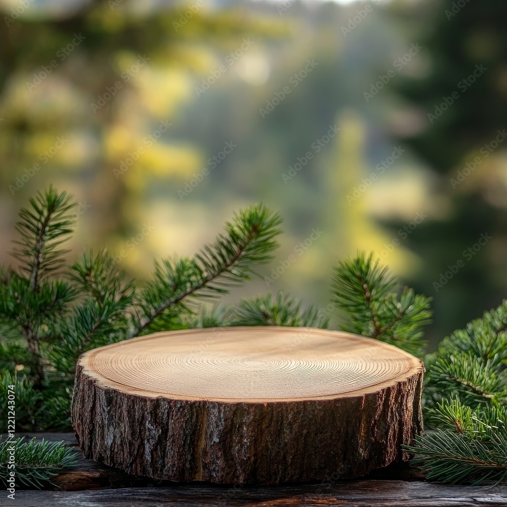 Wooden board on a background of the forest and spruce branches Wooden board on a background of the forest and spruce branches
