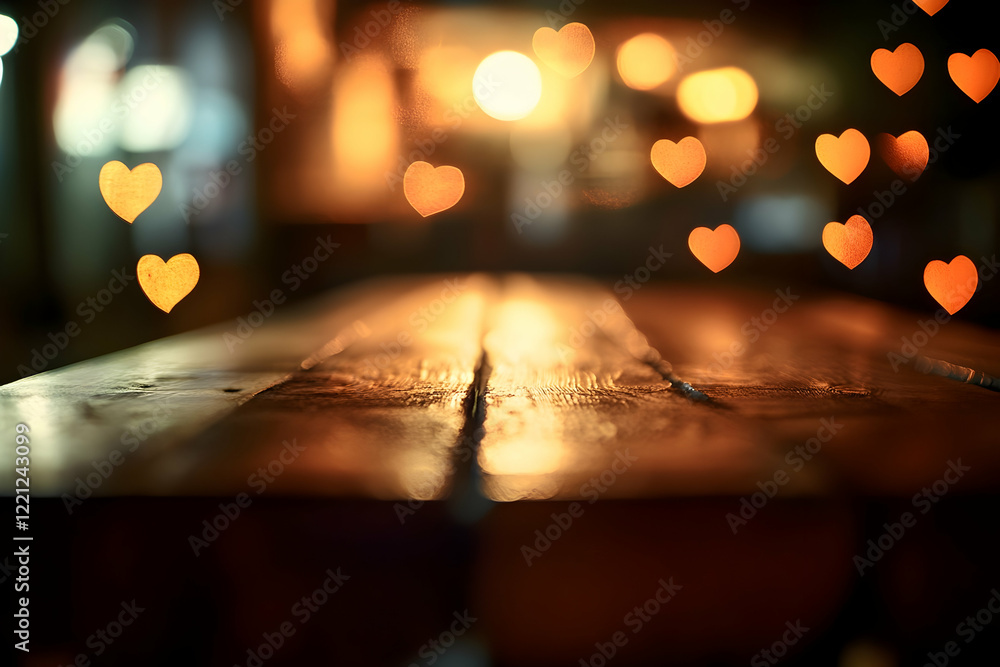 A blurred background of a wooden table with heart-shaped bokeh lights A blurred background of a wooden table with heart-shaped bokeh lights