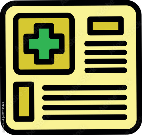 Medical record form displaying a green cross symbol, alongside text lines for patient details, suggesting health documentation and information management