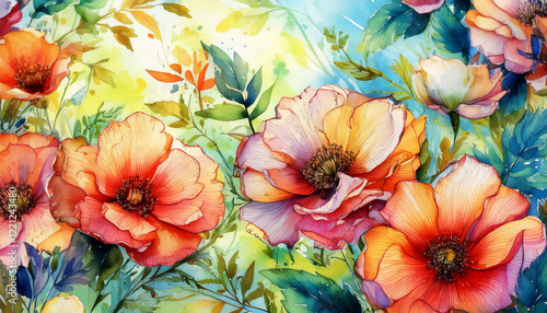 Wallpaper Mural Watercolor illustration of Peonies and Hibiscus flowers against blue background, seamless pattern Torontodigital.ca