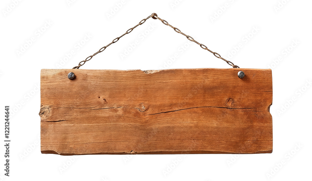 Wooden sign hanging on a white wall with metal chain Wooden sign hanging on a white wall with metal chain