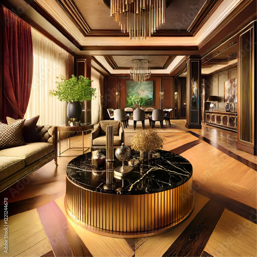 A luxurious living room featuring a black marble table topped with gold stainless steel accents, complemented by blue laminated hardwood flooring tiles.