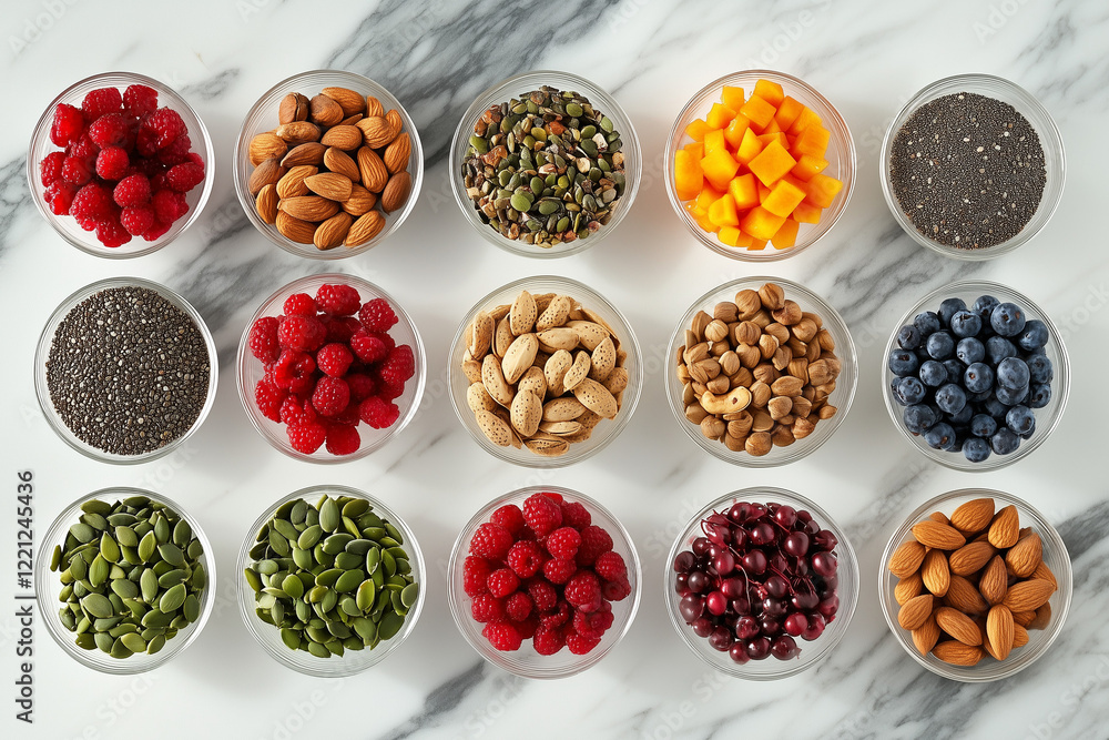 Healthy food selection with fruits, vegetables, seeds, and grains displayed on a light pastel background. Healthy food selection with fruits, vegetables, seeds, and grains displayed on a light pastel background.
