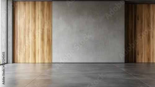 Gray and wooden open space office featuring a minimalistic design with a blank wall. The space highlights a modern and clean aesthetic, perfect for versatile use and personalization. photo