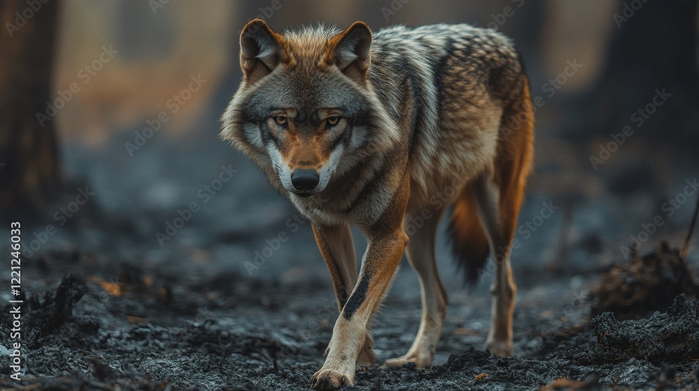 Fototapeta premium Majestic Lone Wolf in a Burned Forest