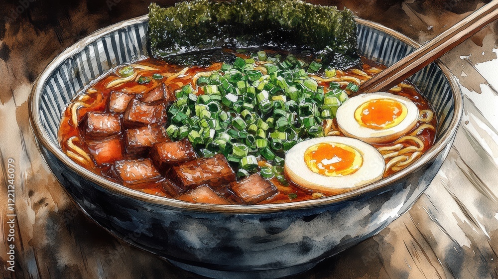 Delicious Japanese Ramen Bowl with Toppings and Soft Boiled Egg Delicious Japanese Ramen Bowl with Toppings and Soft Boiled Egg