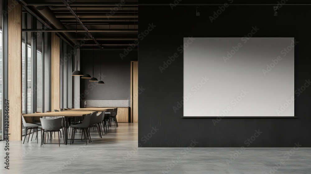 Fototapeta premium Gray and wooden open space office featuring a minimalistic design with a blank wall. The space highlights a modern and clean aesthetic, perfect for versatile use and personalization.