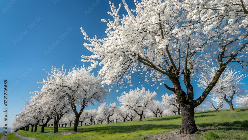 A stunning tree-lined orchard pathway with rows of blooming white fruit trees under a soft golden sky, creating a peaceful spring atmosphere. A stunning tree-lined orchard pathway with rows of blooming white fruit trees under a soft golden sky, creating a peaceful spring atmosphere.