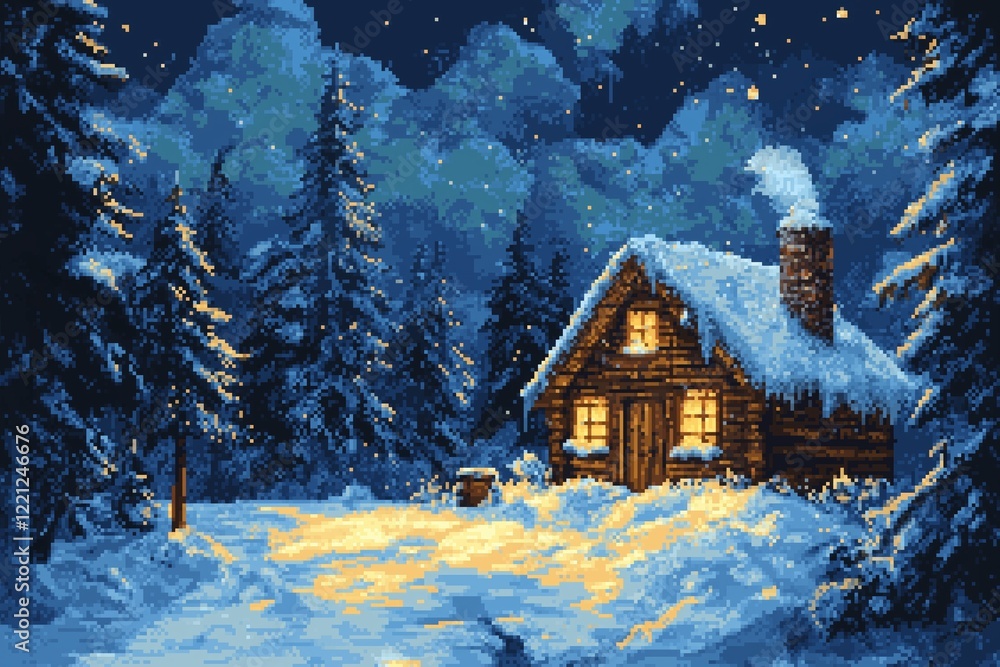 Naklejka premium A cozy wooden house nestled in a snowy landscape brings a sense of warmth, captured beautifully in pixel art style under a starry night sky.