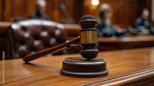 A wooden courtroom interior featuring a polished table with a gavel prominently displayed, photo