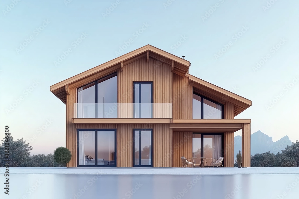 Modern wooden house design with large windows and outdoor seating area in nature Modern wooden house design with large windows and outdoor seating area in nature