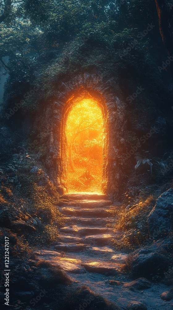 Fototapeta premium Stone archway glowing in forest at twilight with steps leading to bright light
