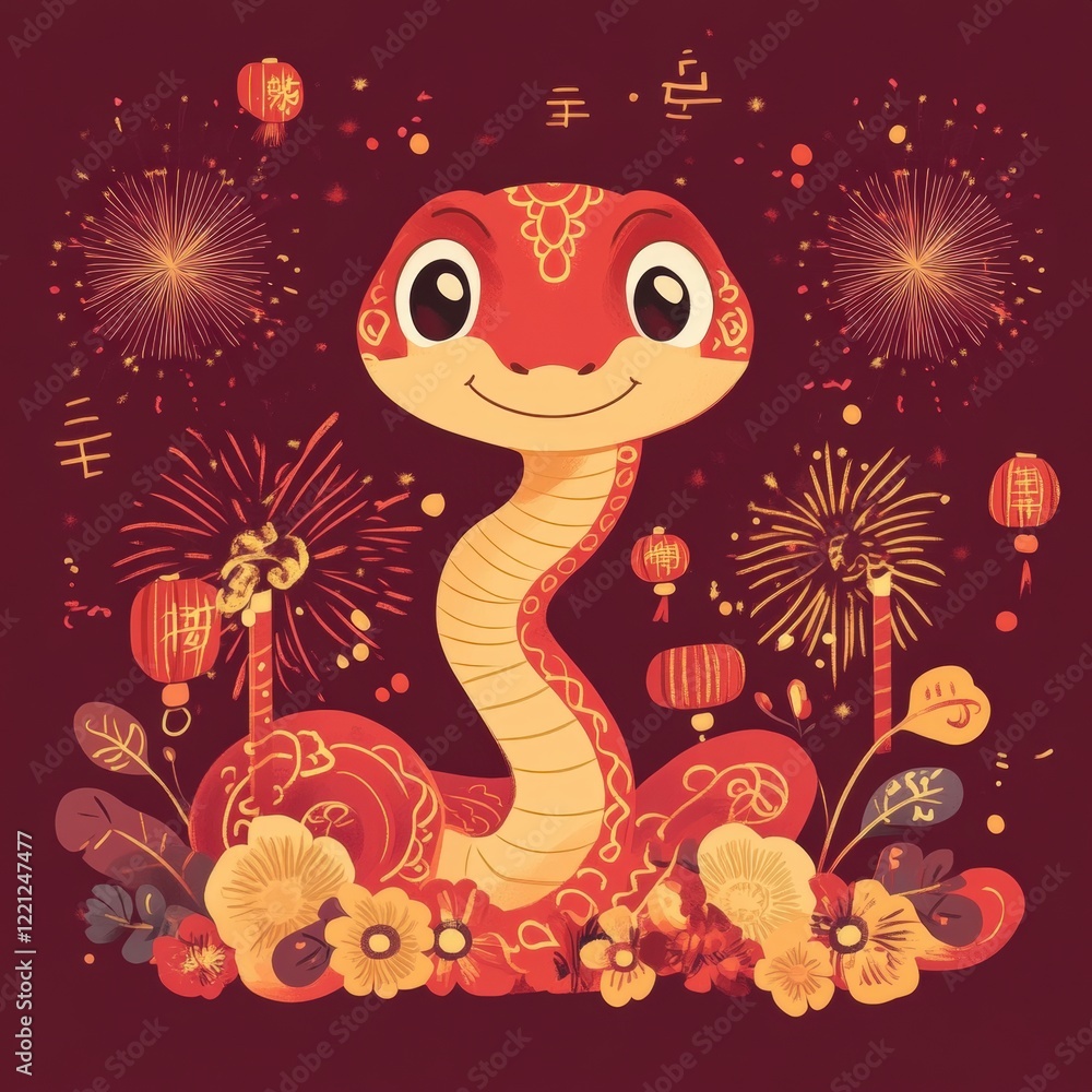 Obraz premium Colorful Cartoon Snake with Flowers and Fireworks: A Whimsical Celebration of Lunar New Year Festivities.