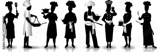 Black vector silhouettes set of people working in the kitchen, cooking, chef and their crews in the restaurant, unique vector icon set