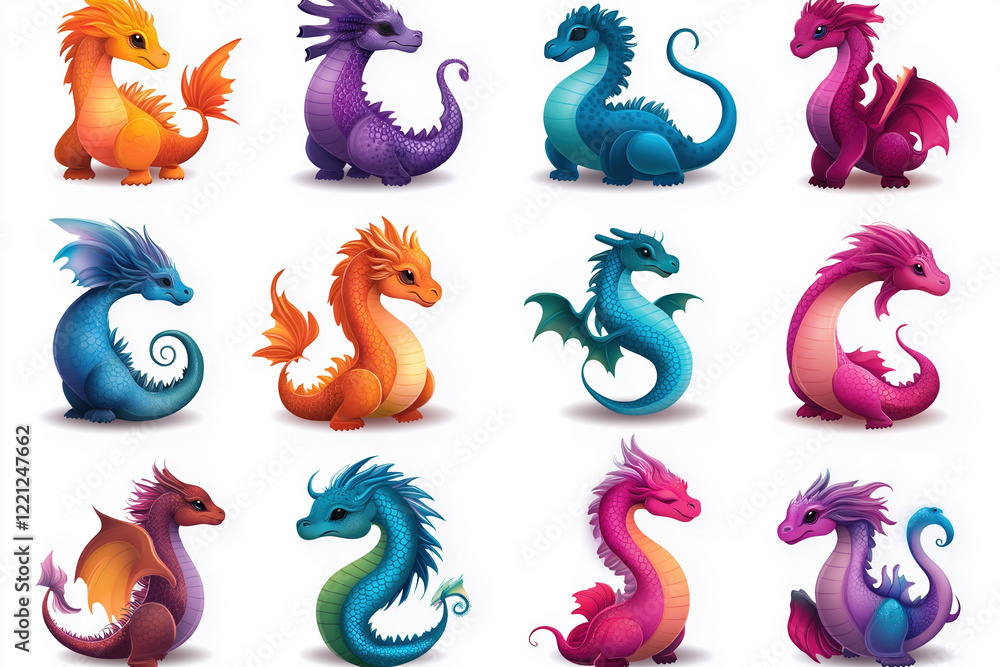 Fototapeta premium Colorful cartoon dragons in various poses and styles display vibrant creativity