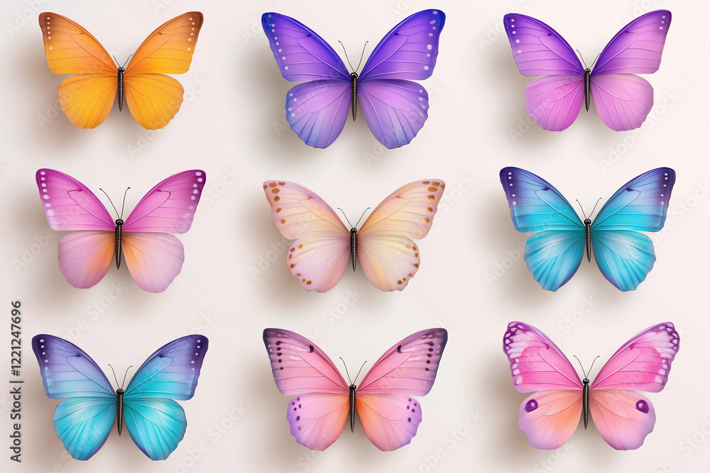 Colorful butterfly display arranged in a creative pattern on a neutral background Colorful butterfly display arranged in a creative pattern on a neutral background