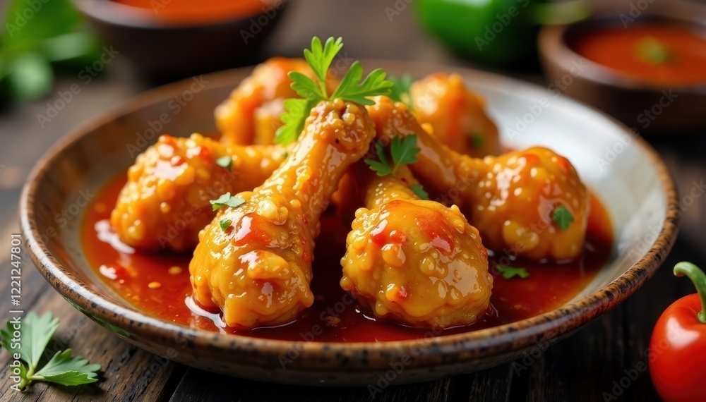 Crispy chicken, tangy sweet and sour sauce, red, yellow, green peppers , chicken, plate Crispy chicken, tangy sweet and sour sauce, red, yellow, green peppers , chicken, plate