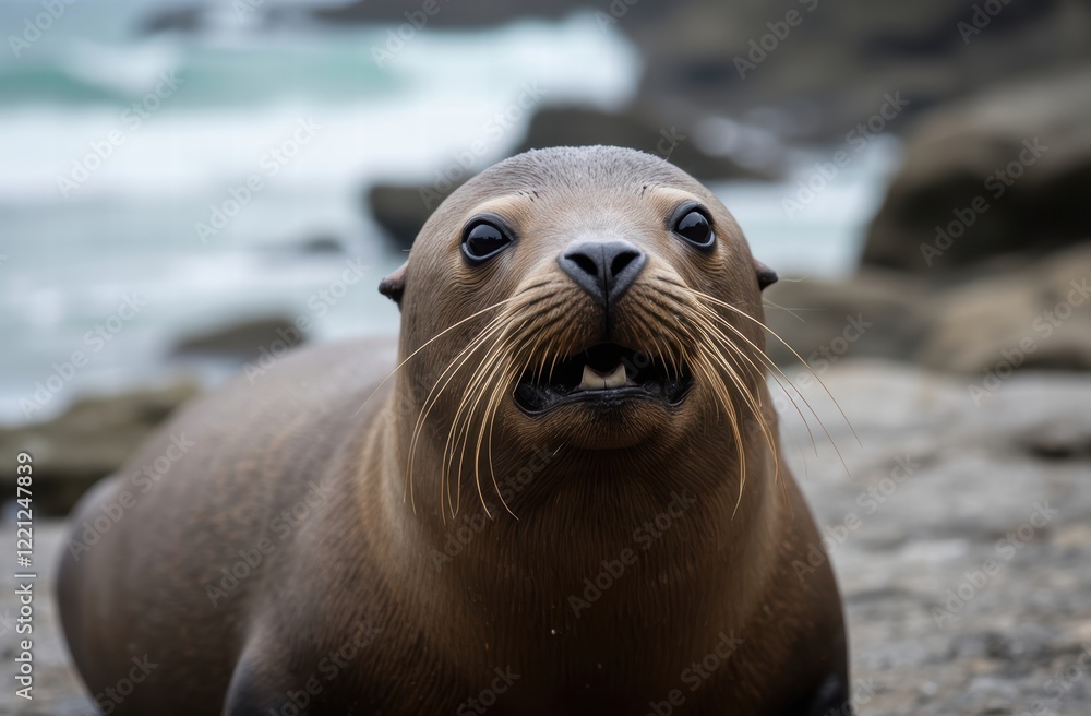 Fototapeta premium A sea lion resting on the rocky beach