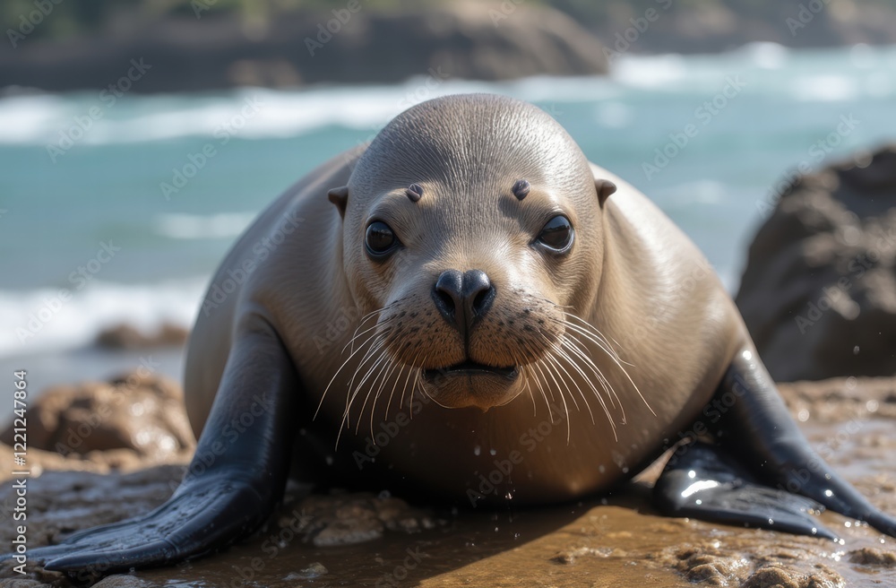 Fototapeta premium A sea lion resting on the rocky beach