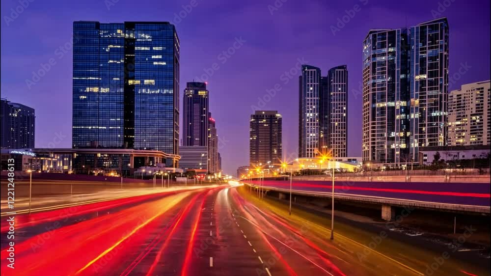 Trail lights from highway and light reflection from buildings in mega city at cloudy night. Seamless loop. Concept of technology background, cyberpunk, fin tech, big data, 5g fast network Trail lights from highway and light reflection from buildings in mega city at cloudy night. Seamless loop. Concept of technology background, cyberpunk, fin tech, big data, 5g fast network