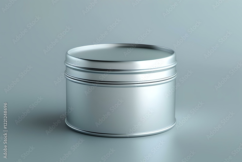 Empty silver round metal tin container with lid on gray background, perfect for product mockup and packaging design presentation for cosmetics or food storage. Empty silver round metal tin container with lid on gray background, perfect for product mockup and packaging design presentation for cosmetics or food storage.