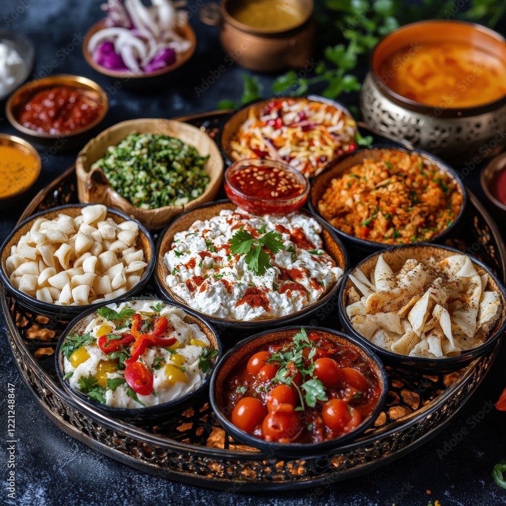 Colorful Selection of Indian Dishes Displayed on a Traditional Platter - A Culinary Delight for Food Lovers and Culinary Enthusiasts. Colorful Selection of Indian Dishes Displayed on a Traditional Platter - A Culinary Delight for Food Lovers and Culinary Enthusiasts.