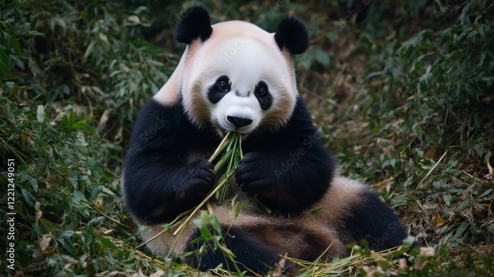 Obraz premium Adorable Giant Panda Enjoying a Bamboo Lunch in its Natural Habitat