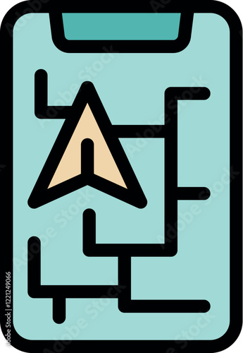 Mobile phone displaying interactive map with navigation pointer indicating current position, ideal for travel and location services
