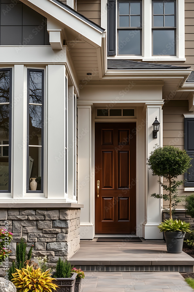 Elegant Home Exterior Design: Modern Architecture, Stone Facade, and Landscaped Entrance Elegant Home Exterior Design: Modern Architecture, Stone Facade, and Landscaped Entrance
