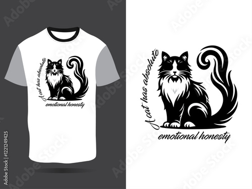T-shirt design, black and white illustration, cute cat silhouette, fluffy long-haired cat