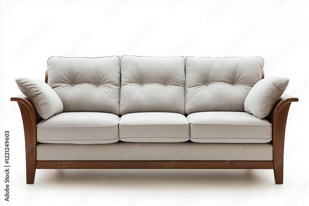Fototapeta premium Modern wooden sofa with light gray cushions on a white background, front view. 
