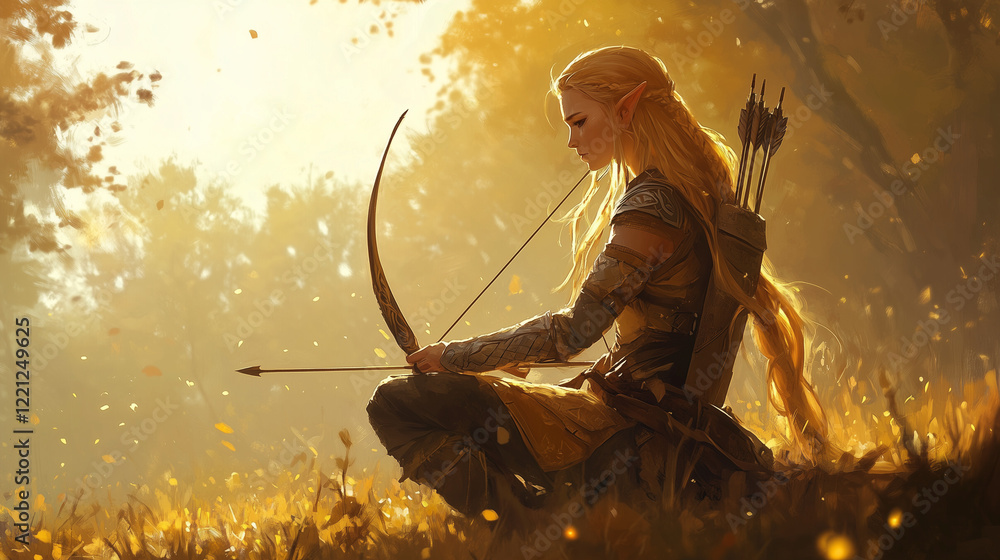Naklejka premium Elves with bows and arrows. Graceful elf archer with long golden hair preparing to shoot in a golden autumn forest, copy space