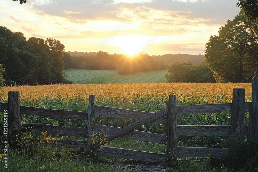 Sunrise over a cornfield with a wooden fence in the rural countryside Sunrise over a cornfield with a wooden fence in the rural countryside