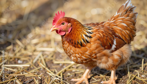 Vibrant chicken roaming in a sunny farmyard, agricultural life photo