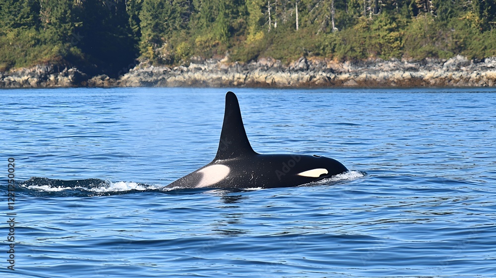 Naklejka premium Orca whale swimming coastal waters, island background, wildlife nature