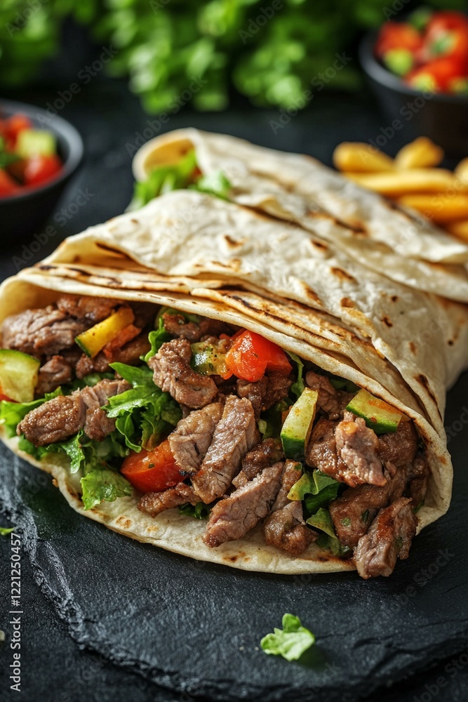 Close up of a classic shawarma on a dark backdrop Pita filled with meat fries veggies and salad Convenient fast food Close up of a classic shawarma on a dark backdrop Pita filled with meat fries veggies and salad Convenient fast food