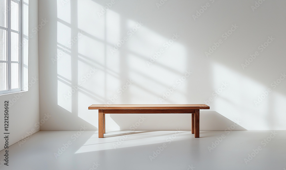 Fototapeta premium A simple wooden bench stands on the floor of an empty white room, bathed in soft natural light from one side.