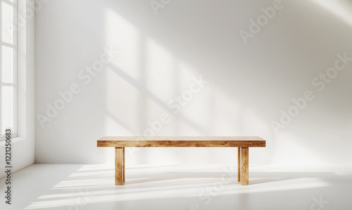 Wallpaper Mural A simple wooden bench stands on the floor of an empty white room, bathed in soft natural light from one side.

 Torontodigital.ca