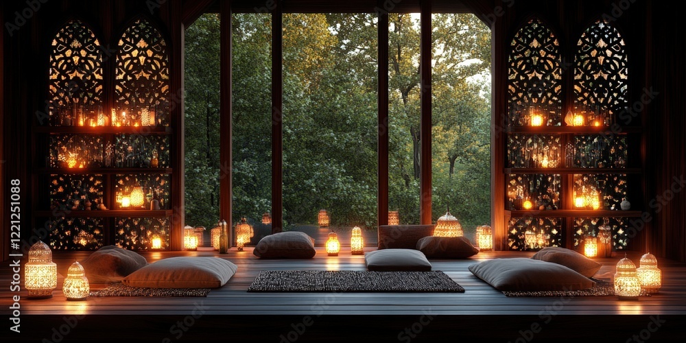 Fototapeta premium Tranquil Moroccan-Style Lounge with Soft Lighting and Candles Creating a Peaceful Atmosphere in an Urban Retreat.