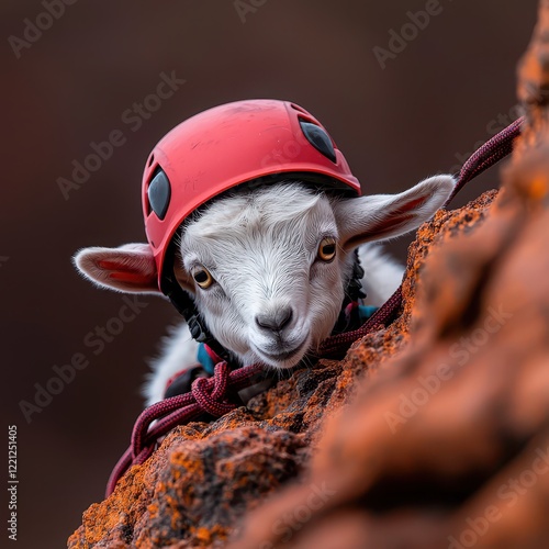 A brave goat wearing climbing gear, scaling a rocky surface with determination and a fearless expression. photo