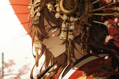 Elegant Anime Woman Wearing Intricate Golden Headpiece photo