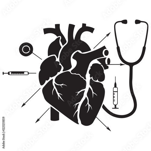 Anatomical heart vector silhouette icon. heartbeat, cardiovascular, anatomy, medical, health, cardiology illustration, biology, organ, human heart collection
