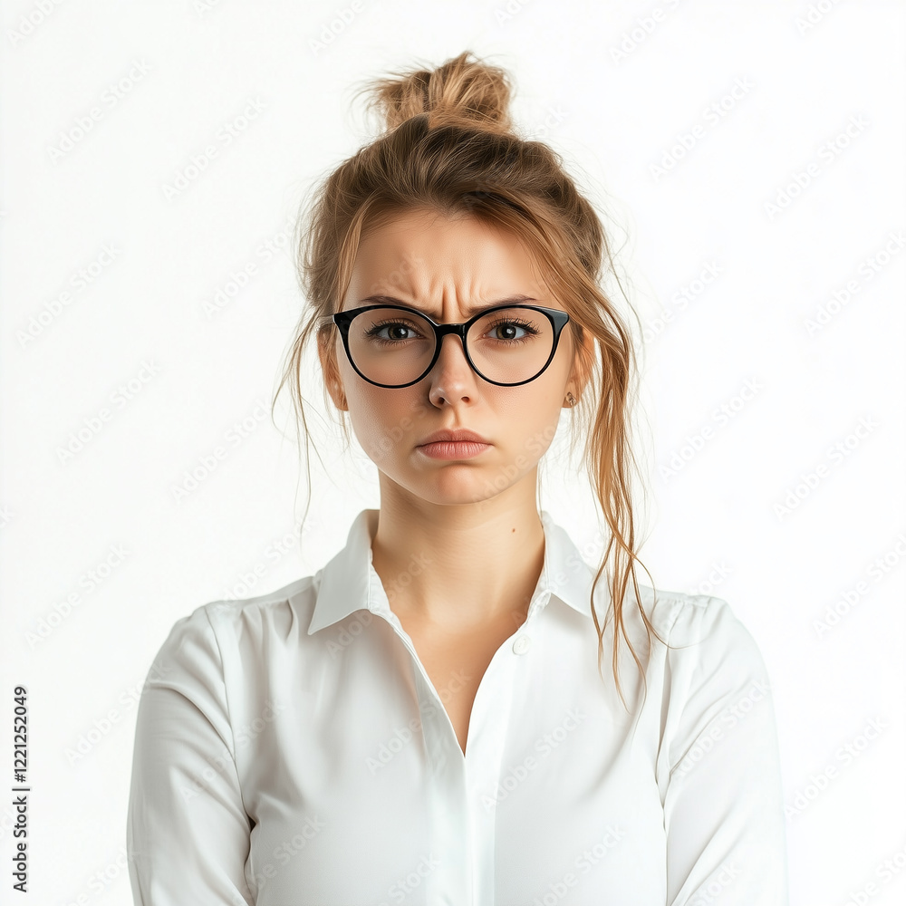 Obraz premium An angry young businesswoman with glasses and a white shirt stands against an isolated background. 