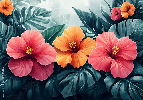 Wallpaper Mural A colorful arrangement of hibiscus flowers in shades of orange, pink, and yellow, framed by lush green tropical leaves, showcasing natural beauty and vibrancy. Torontodigital.ca
